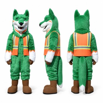 Fox Worker Mascot Costume in Green with Neon Safety Vest Adult