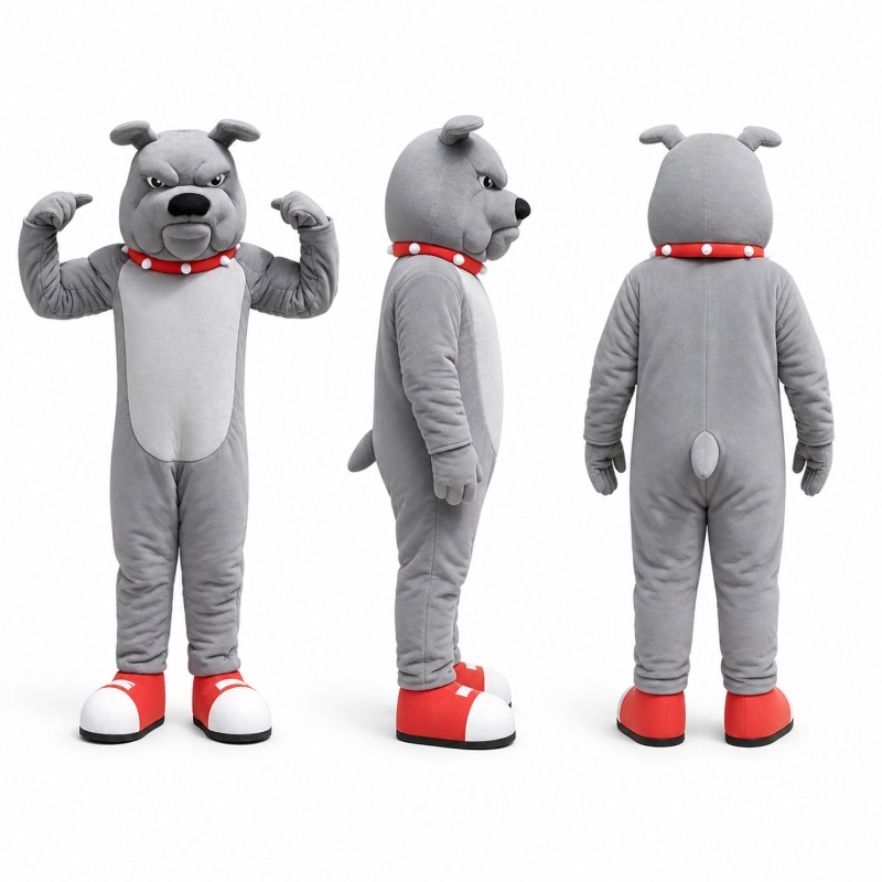 Bulldog Mascot Costume in Gray with Red Bow Tie Adult