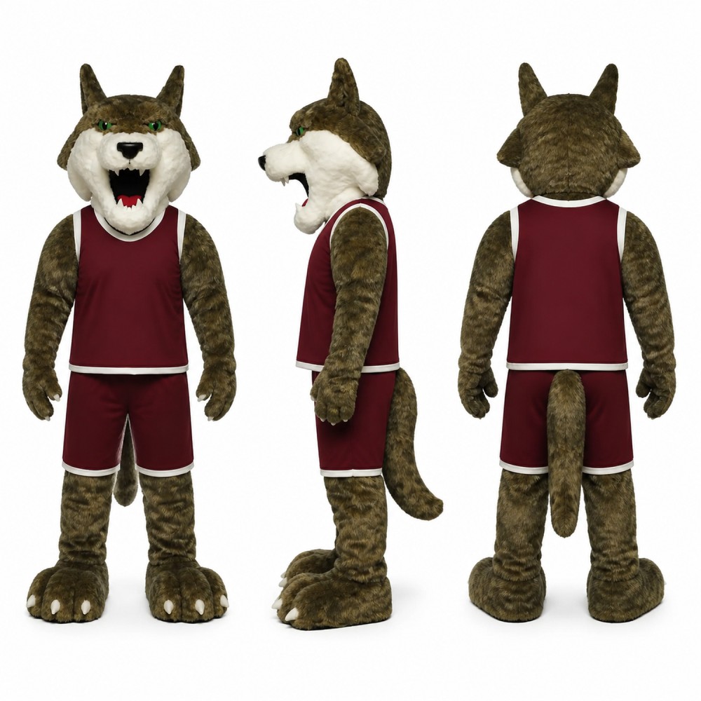 Wolf Athlete Mascot Costume in Brown with Burgundy Uniform Adult Wolf Athlete Mascot Costume in Brown with Burgundy Uniform Adult