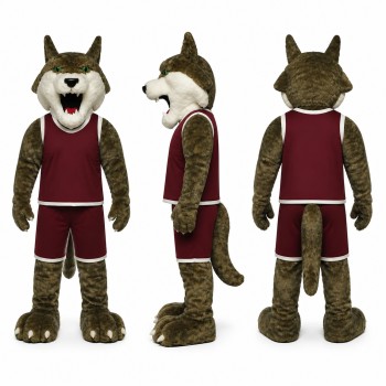 Wolf Athlete Mascot Costume in Brown with Burgundy Uniform Adult