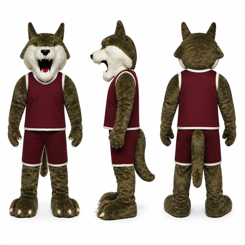 Wolf Athlete Mascot Costume in Brown with Burgundy Uniform Adult
