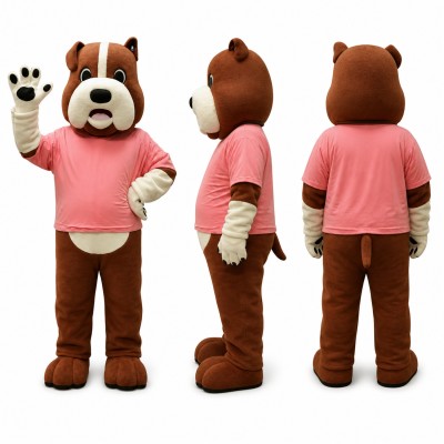 Bulldog Mascot Costume in Brown with Pink Shirt Adult