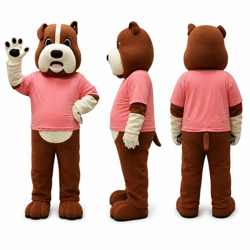 Bulldog Mascot Costume in Brown with Pink Shirt Adult
