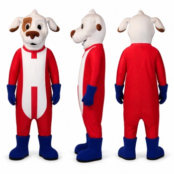 Dog Mascot Costume in White and Brown with Red Tracksuit Adult