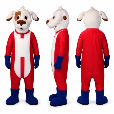 Dog Mascot Costume in White and Brown with Red Tracksuit Adult