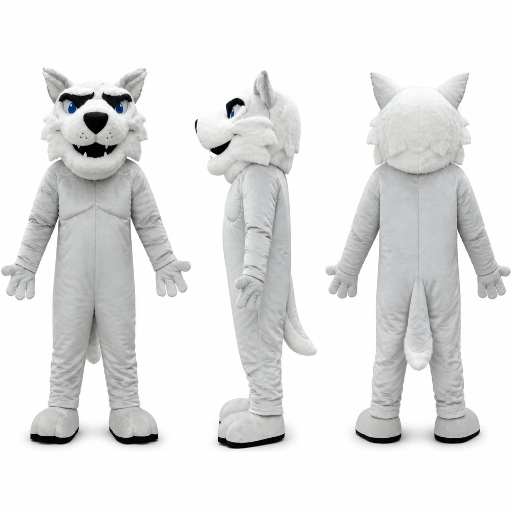 White Wolf Mascot Costume with Gray Facial Markings Adult White Wolf Mascot Costume with Gray Facial Markings Adult