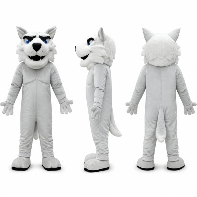 White Wolf Mascot Costume with Gray Facial Markings Adult