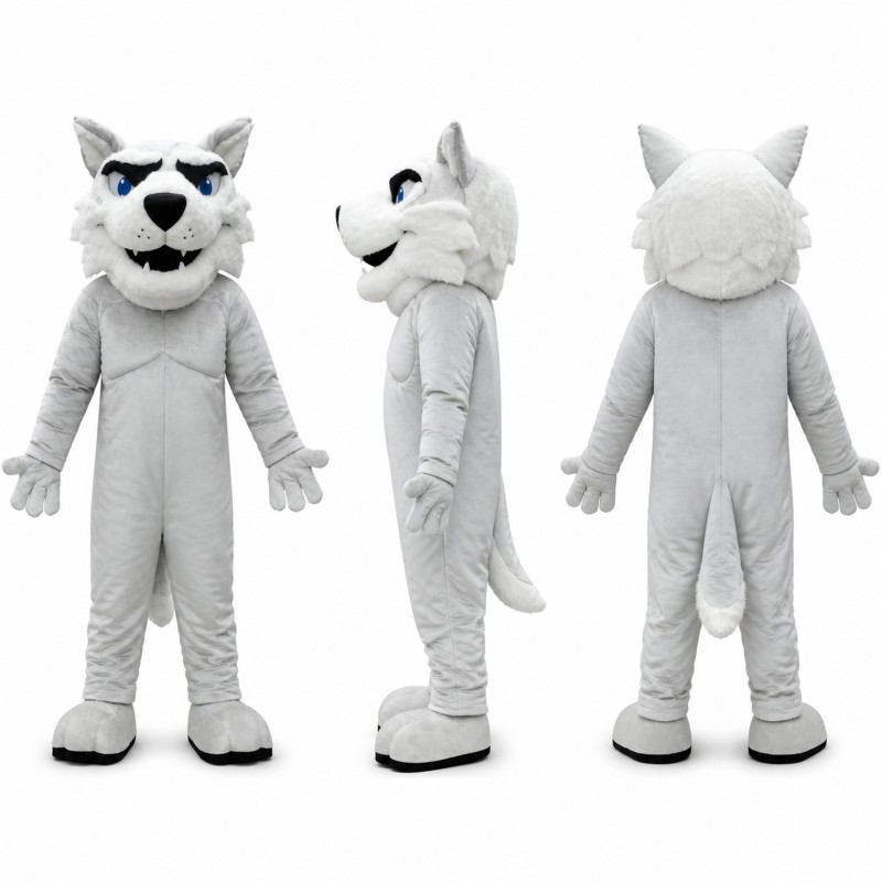 White Wolf Mascot Costume with Gray Facial Markings Adult