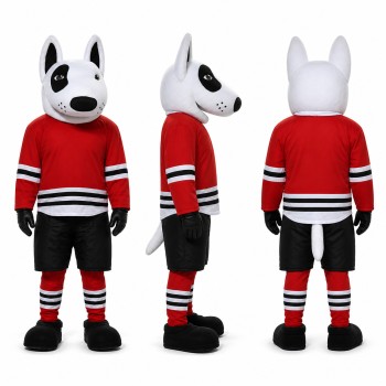 Bull Terrier Athlete Mascot Costume in White with Red Shirt Adult