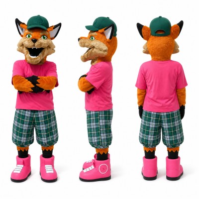 Fox Mascot Costume in Orange with Pink Shirt and Plaid Shorts Adult