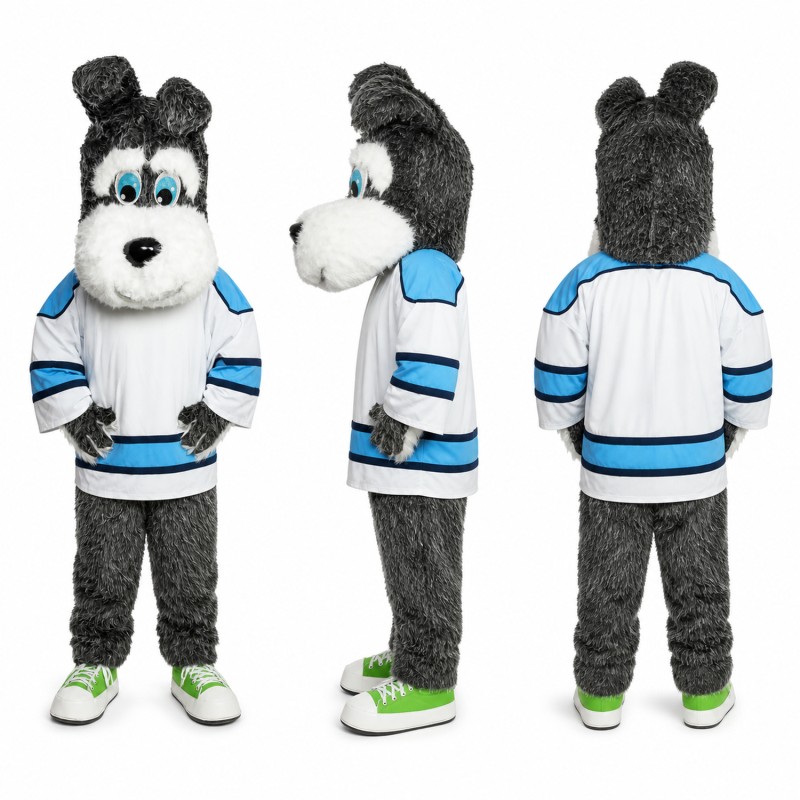 Dog Hockey Player Mascot Costume in Black and White Adult