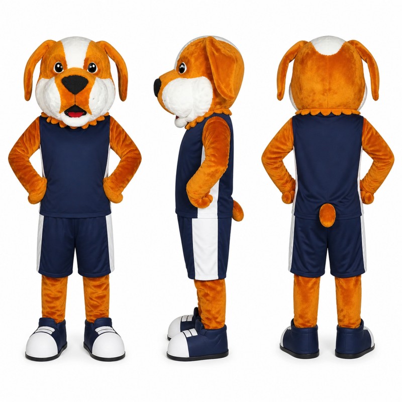 Dog Athlete Mascot Costume in Brown with Navy Uniform Adult
