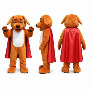 Dog Superhero Mascot Costume in Brown with Red Cape Adult