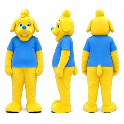 Dog Mascot Costume in Yellow with Blue Shirt Adult