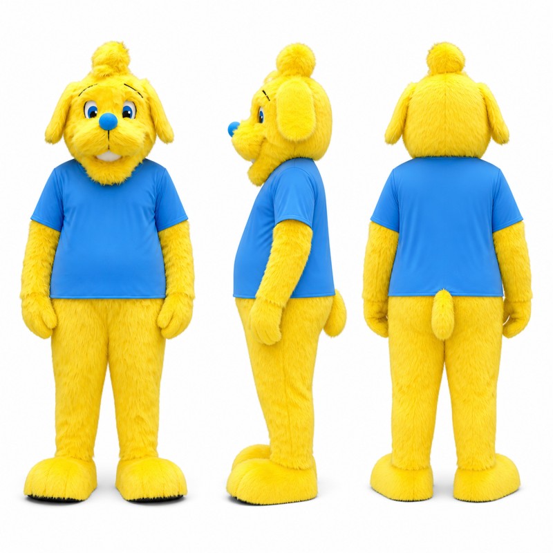 Dog Mascot Costume in Yellow with Blue Shirt Adult