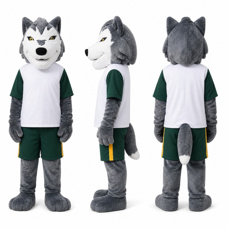Wolf Mascot Costume in Gray with Green Uniform Adult