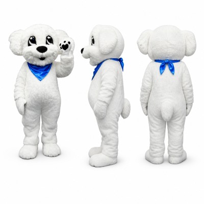 Dog Mascot Costume in White with Blue Bandana Adult