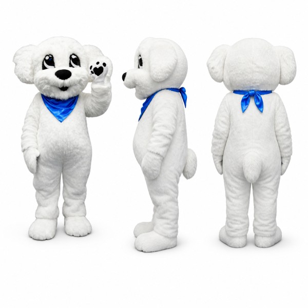 Dog Mascot Costume in White with Blue Bandana Adult