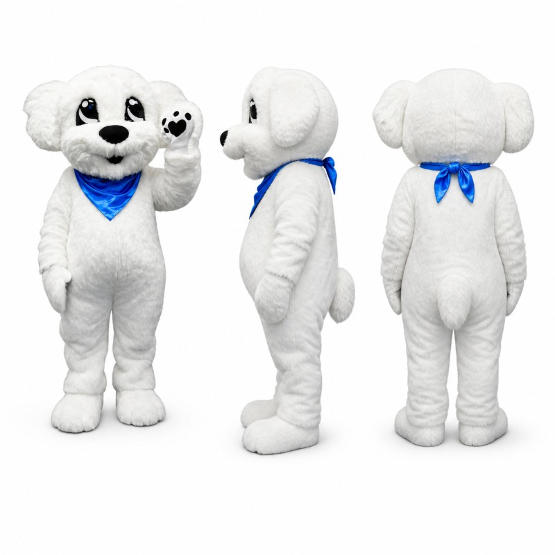 Dog Mascot Costume in White with Blue Bandana Adult