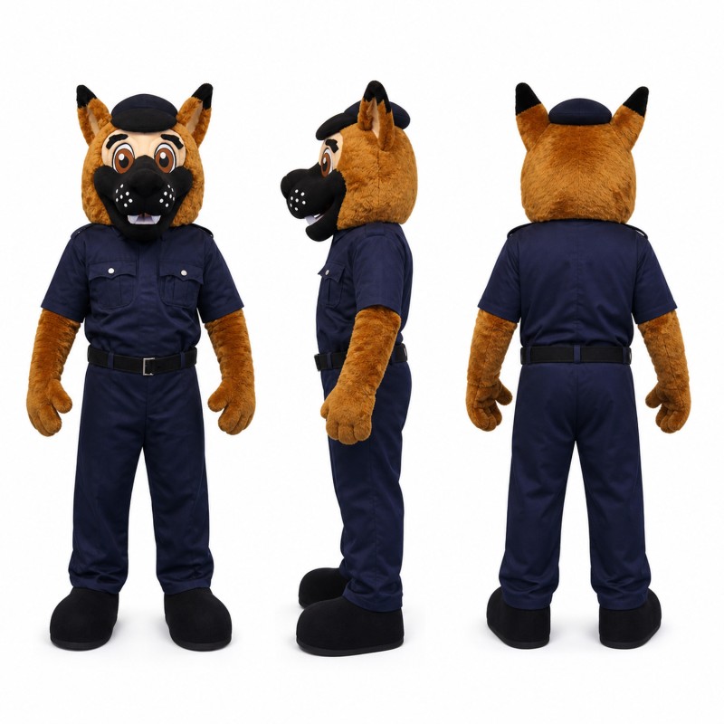 German Shepherd Police Officer Mascot Costume in Brown with Navy Uniform Adult