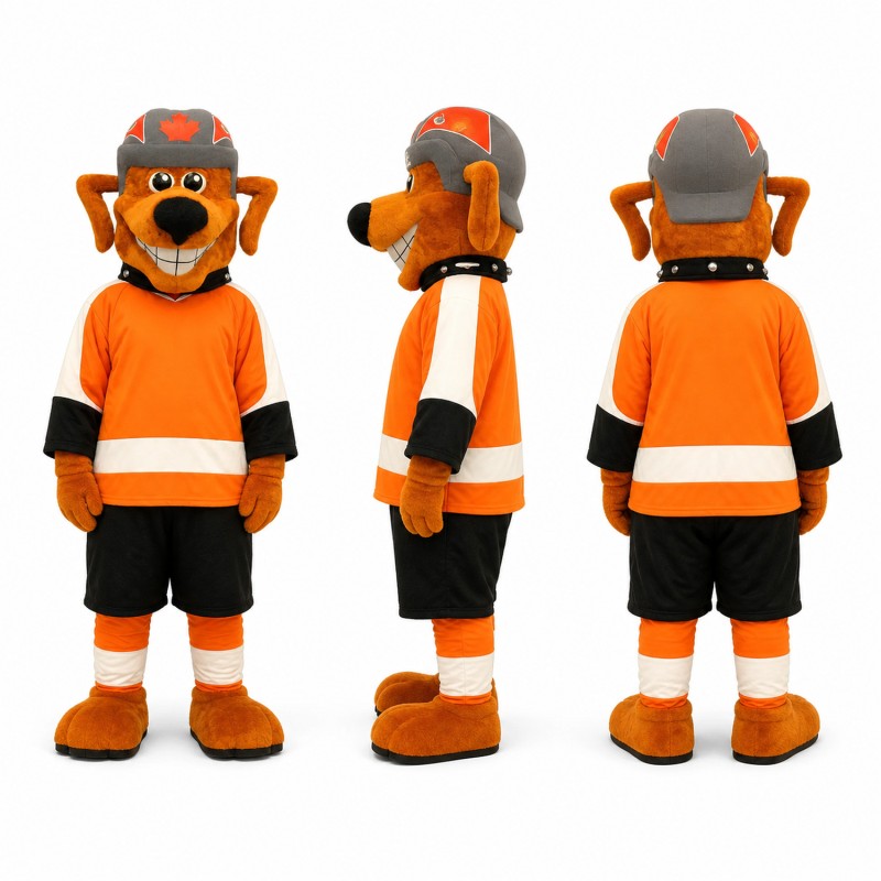 Dog Athlete Mascot Costume in Orange with Black Uniform Adult
