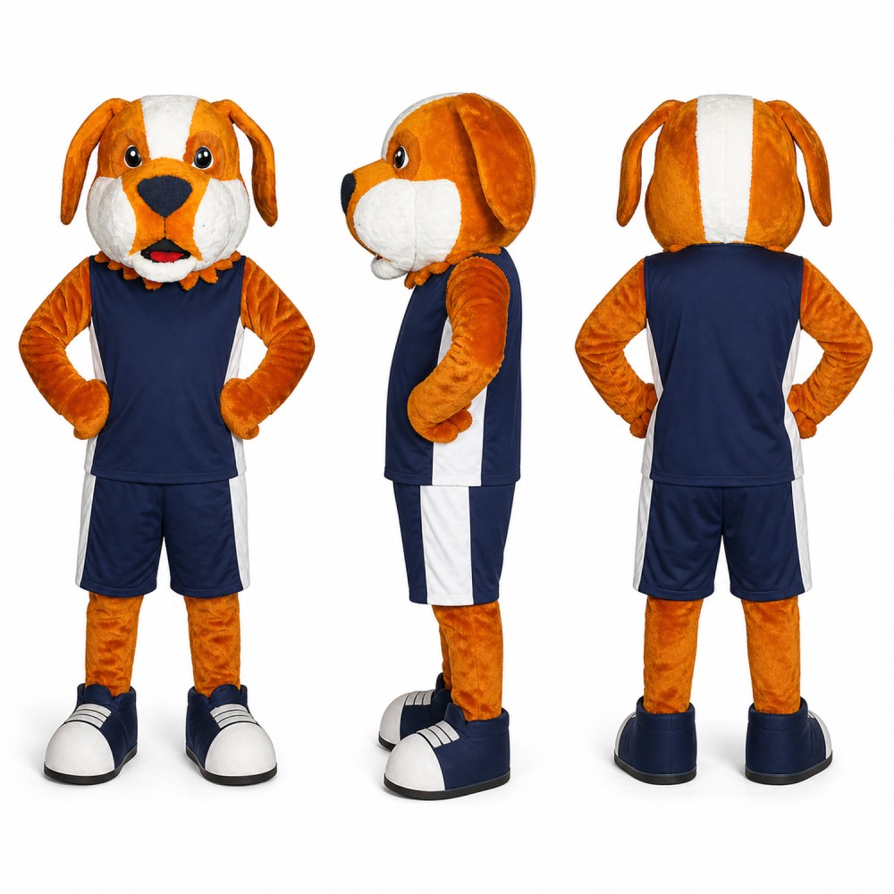 Dog Athlete Mascot Costume in Brown with Navy Uniform Adult Dog Athlete Mascot Costume in Brown with Navy Uniform Adult