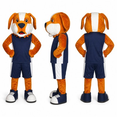 Dog Athlete Mascot Costume in Brown with Navy Uniform Adult
