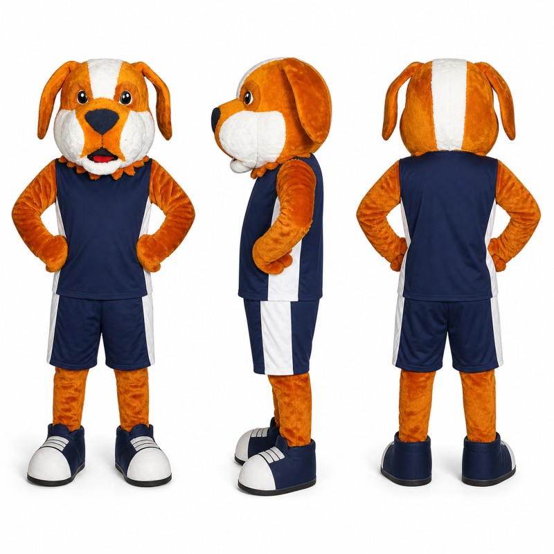 Dog Athlete Mascot Costume in Brown with Navy Uniform Adult