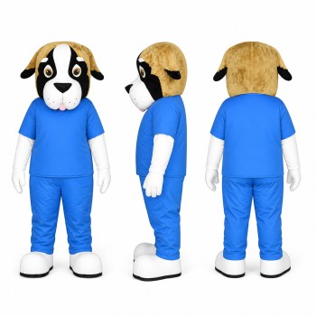 Dog Mascot Costume in Black and White with Blue Scrubs Adult