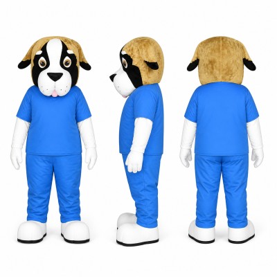Dog Mascot Costume in Black and White with Blue Scrubs Adult