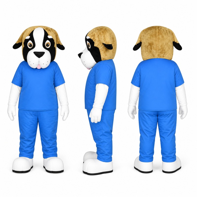 Dog Mascot Costume in Black and White with Blue Scrubs Adult