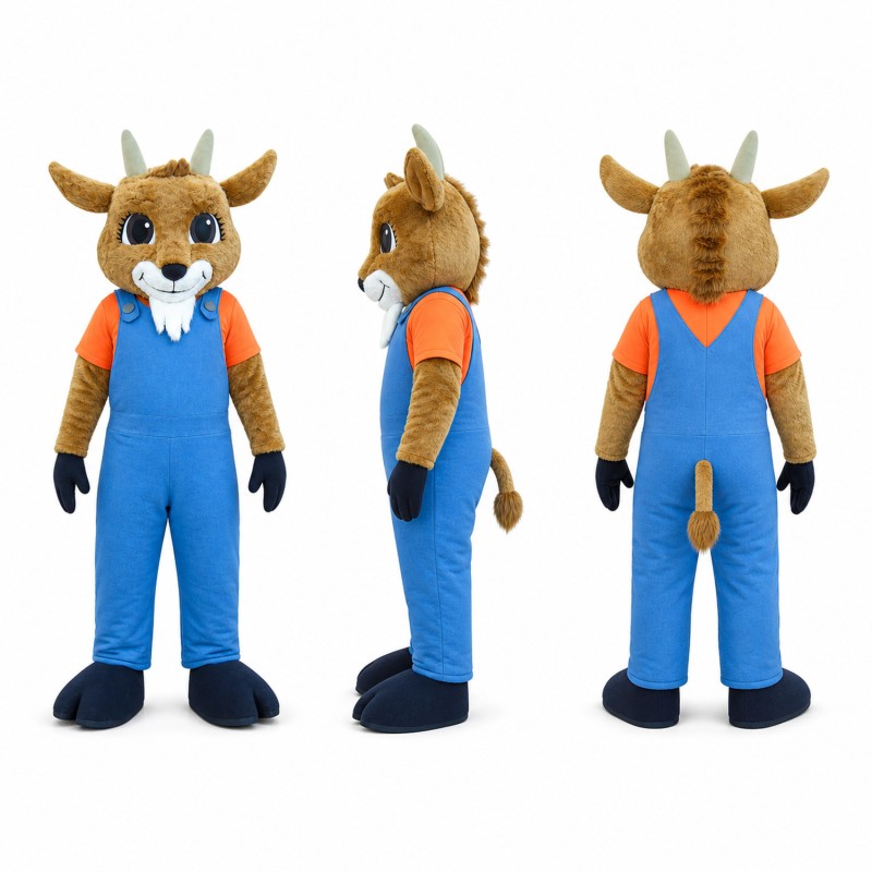 Deer Mascot Costume in Brown with Blue Overalls Adult