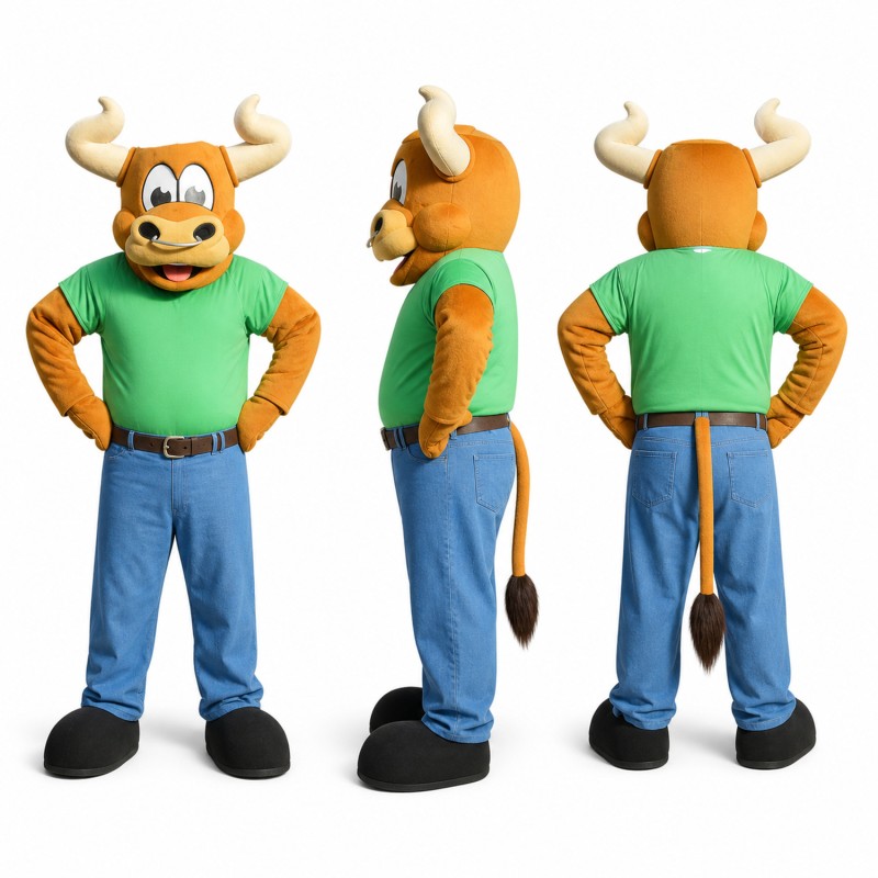 Bull Farmer Mascot Costume in Brown with Green Shirt Adult