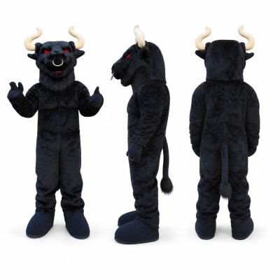Bull Mascot Costume in Black with White Horns Adult