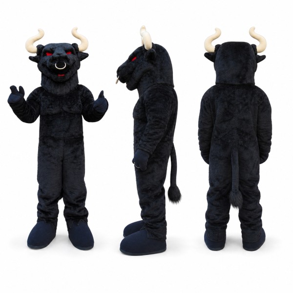 Bull Mascot Costume in Black with White Horns Adult