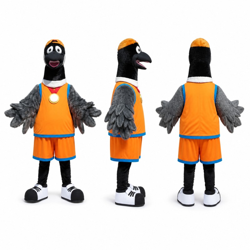 Crow Athlete Mascot Costume in Black with Orange Uniform Adult