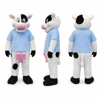 Cow Mascot Costume in Black and White with Light Blue Shirt Adult