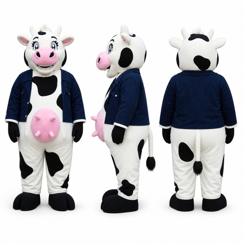 Cow Mascot Costume in Black and White with Navy Jacket Adult