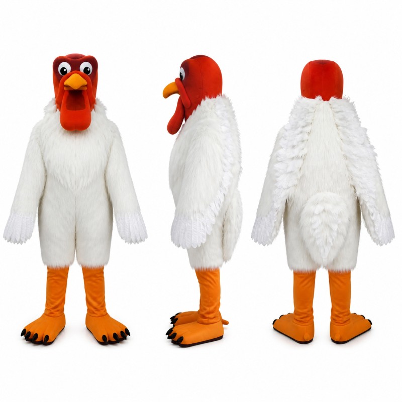 Rooster Mascot Costume in White with Red Head Adult