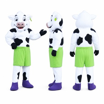 Cow Athlete Mascot Costume in Black and White with Green Shorts Adult