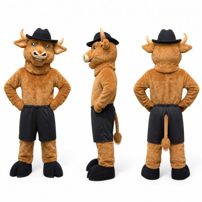 Cowboy Bull Mascot Costume in Brown with Black Hat Adult