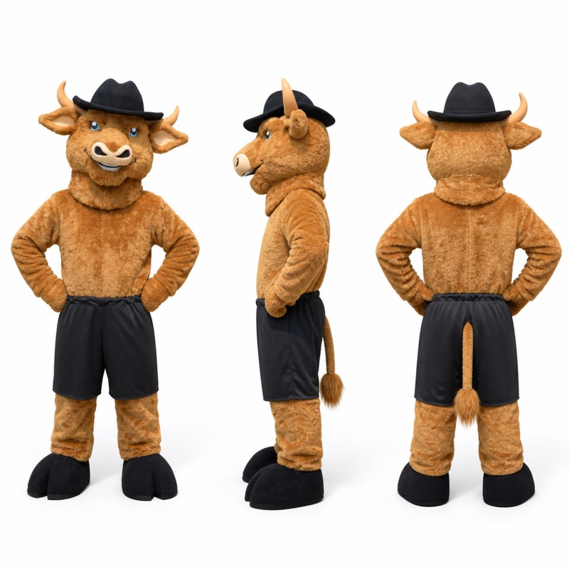 Cowboy Bull Mascot Costume in Brown with Black Hat Adult