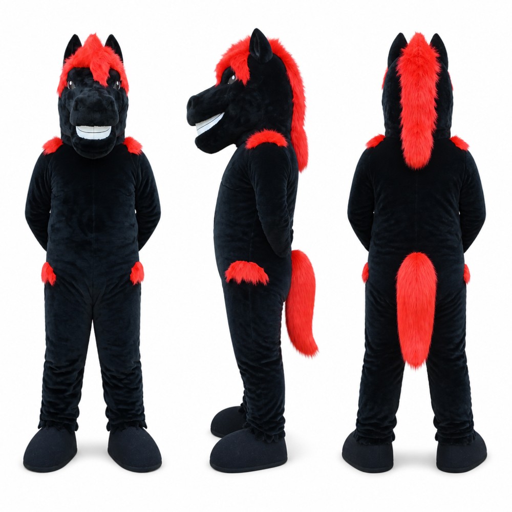 Horse Mascot Costume in Black with Red Mane Adult