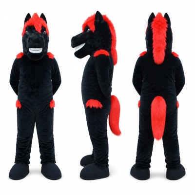 Bull Mascot Costume in Black with Red Mane Adult