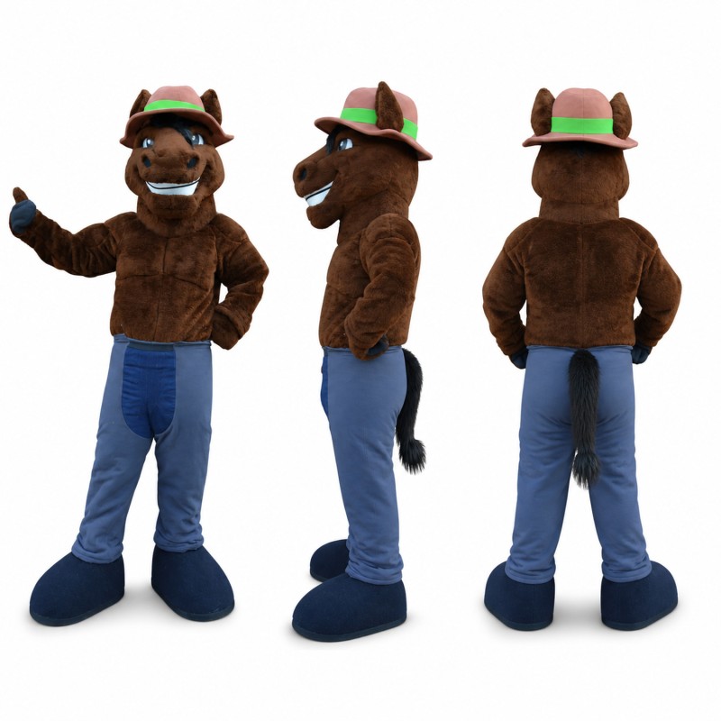Cowboy Horse Mascot Costume in Brown with Blue Jeans Adult