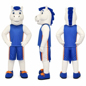 Horse Athlete Mascot Costume in White with Blue Uniform Adult