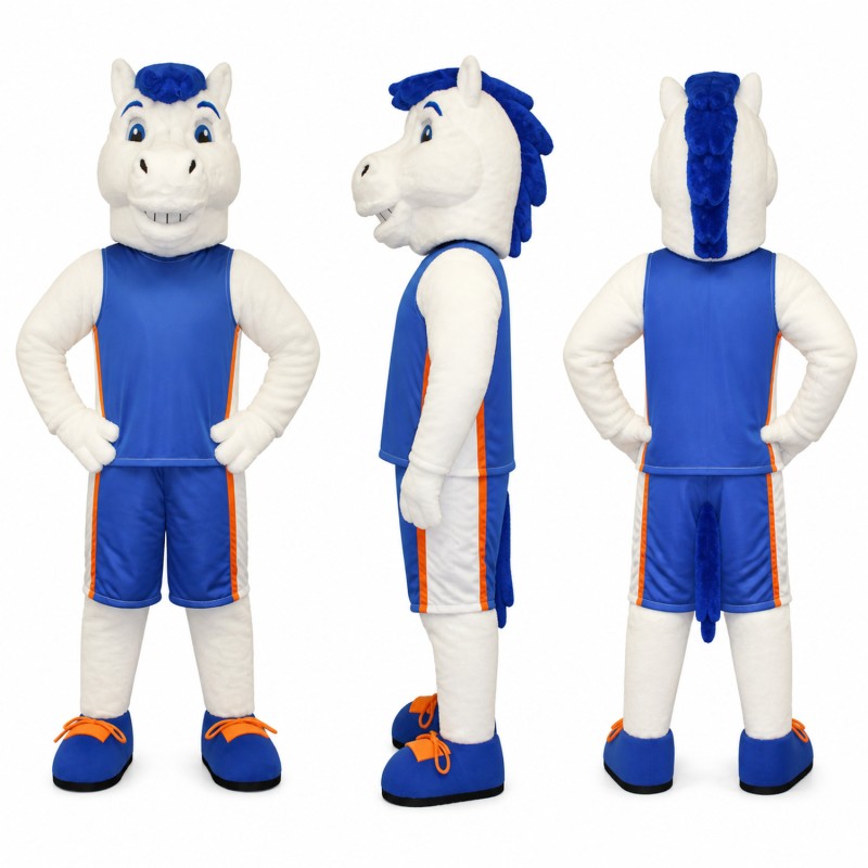 Horse Athlete Mascot Costume in White with Blue Uniform Adult
