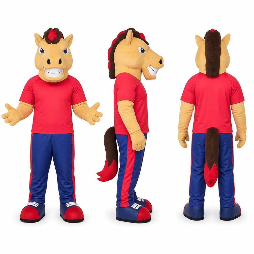 Horse Mascot Costume in Tan with Red Shirt Adult Horse Mascot Costume in Tan with Red Shirt Adult