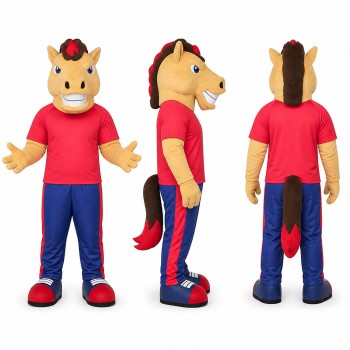 Horse Mascot Costume in Tan with Red Shirt Adult