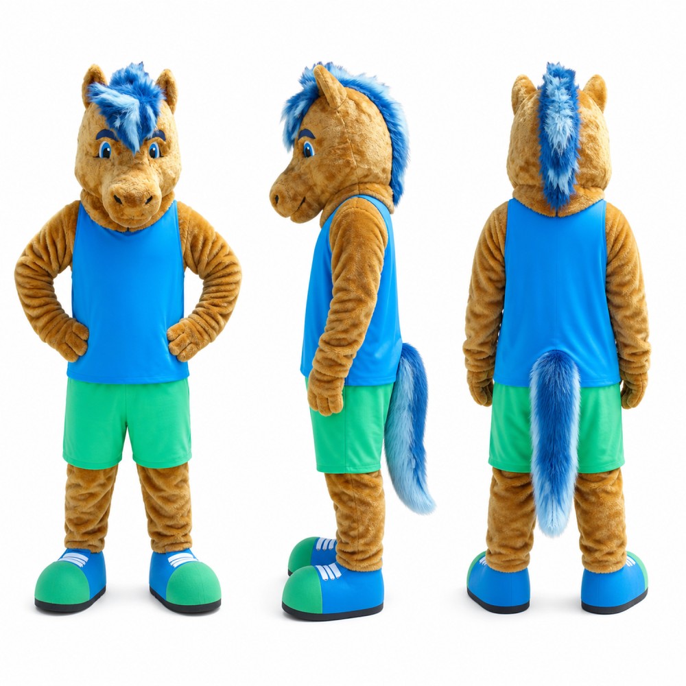 Horse Mascot Costume in Brown with Cyan Shirt Adult